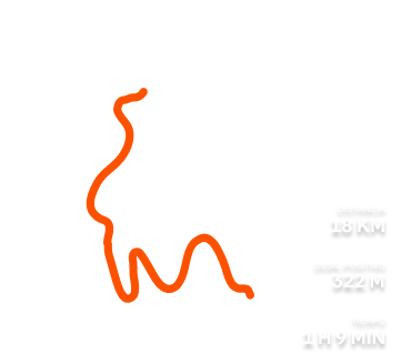 Un ciclista sonríe mientras pedalea. El texto superpuesto muestra su velocidad media, el desnivel positivo y el tiempo en movimiento.