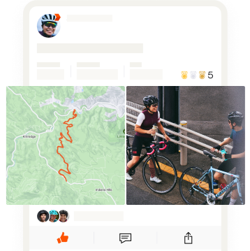 Una pantalla de la aplicación con la foto de dos ciclistas conversando junto a un mapa de su actividad.