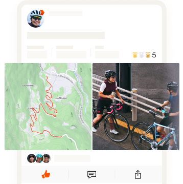 Écran de l'application montrant la photo de deux cyclistes qui discutent à côté de la carte de leur activité.