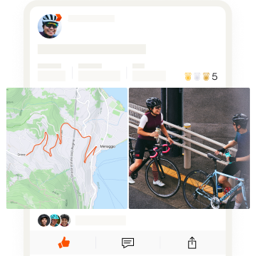 Una schermata dell’app con la foto di due ciclisti che chiacchierano accanto a una mappa della loro attività.