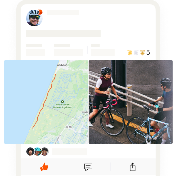 Een appscherm met een foto van twee fietsers die praten, naast een kaart van hun activiteit.