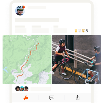 Uma tela do aplicativo com uma foto de dois ciclistas conversando ao lado de um mapa da atividade.