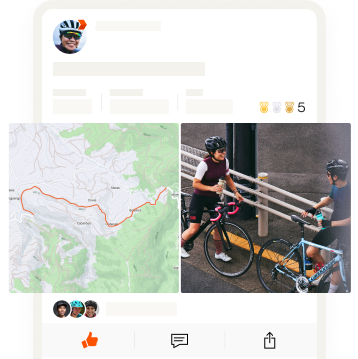 Um ecrã de aplicação com uma fotografia de dois ciclistas a conversar ao lado de um mapa da sua atividade.