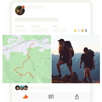 На экране приложения показано фото двух любителей хайкинга, а на изображении рядом — карта их тренировки.
