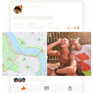 Una pantalla de la aplicación con la foto de dos amigos junto a un mapa de su actividad.