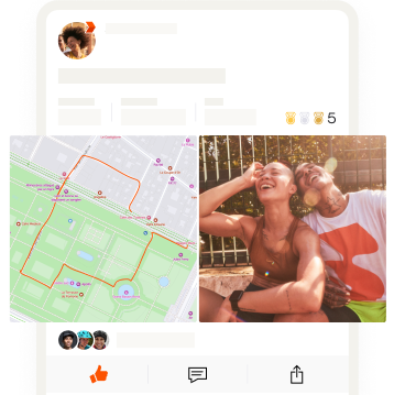 Écran de l'application montrant la photo de deux amis à côté de la carte de leur activité.