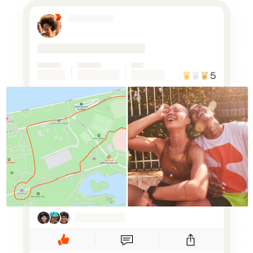 Layar aplikasi dengan foto dua teman di samping peta aktivitas mereka.