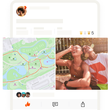 Een appscherm met een foto van twee vrienden, naast een kaart van hun activiteit.