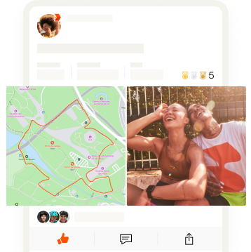 Uma tela do aplicativo com uma foto de dois amigos ao lado de um mapa de suas atividades.