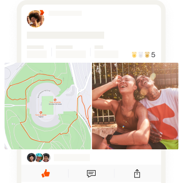 Um ecrã de aplicação com uma fotografia de dois amigos ao lado de um mapa da sua atividade.