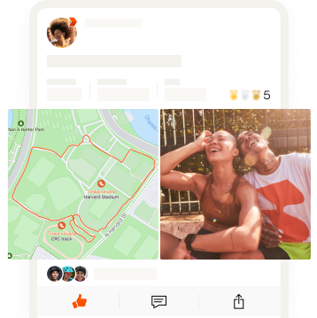 На экране приложения показано фото двух друзей, а на изображении рядом — карта их тренировки.